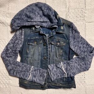 Women's Blue Hooded Denim Jacket with Knit Sleeves